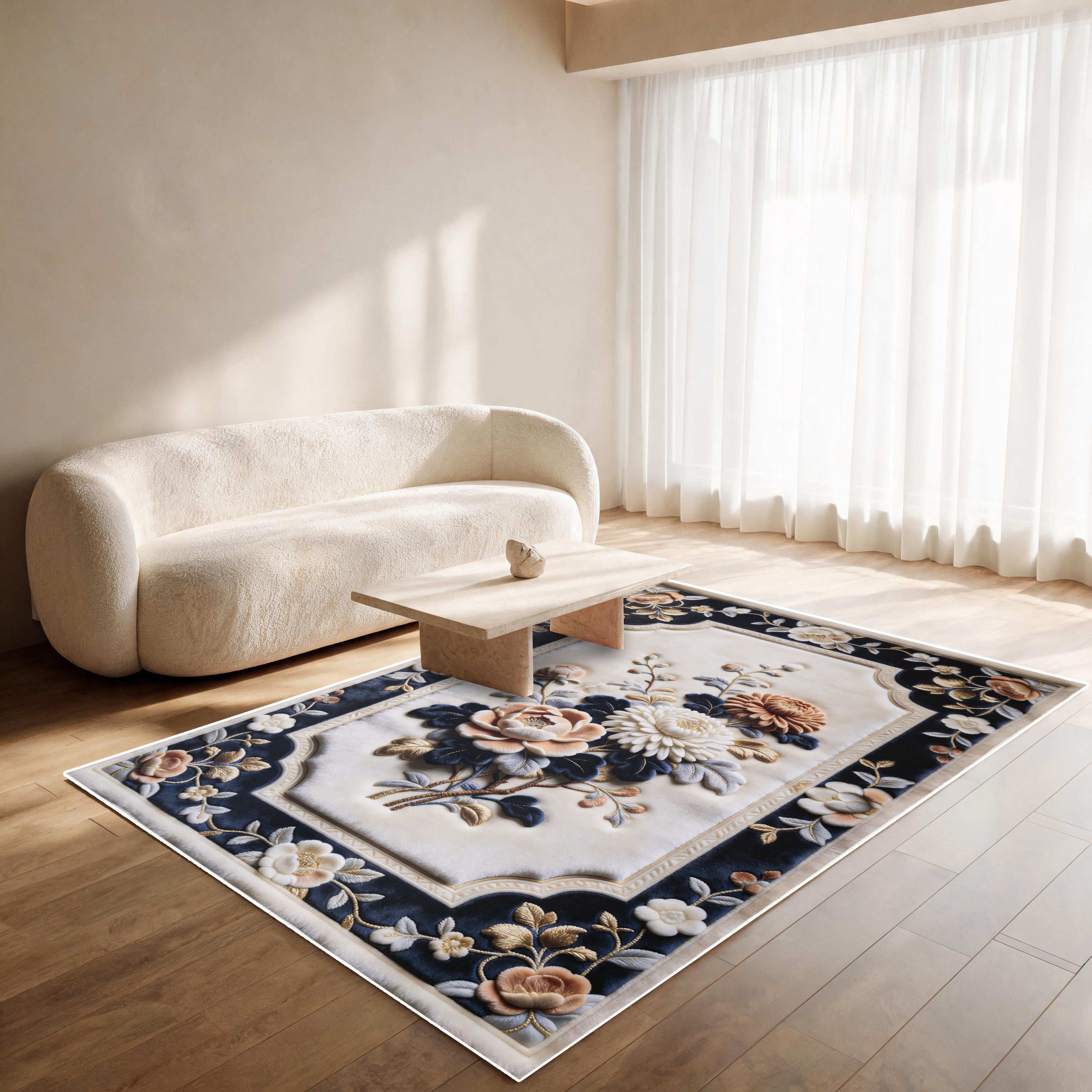 Load video: Royal Flora - (Blue) 7D Digital Carpet Printed