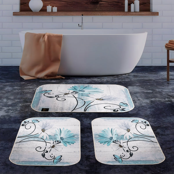 3D Digital Bathroom Mat Set Non Slip 3 Piece Bath Mat