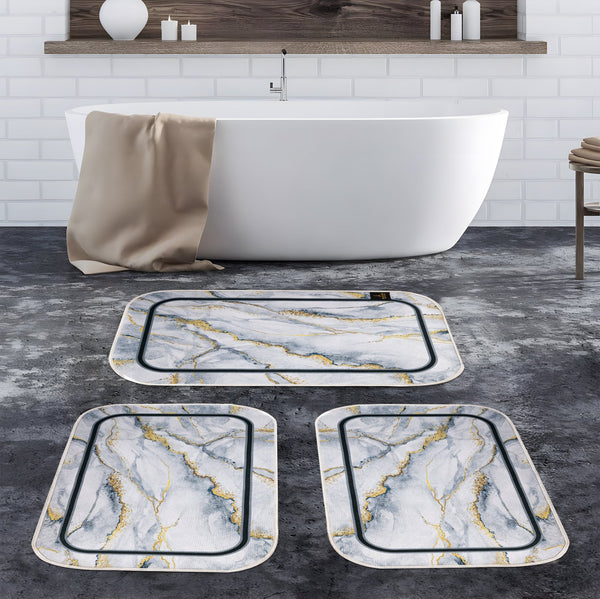3D Digital Bathroom Mat Set Non Slip 3 Piece Bath Mat