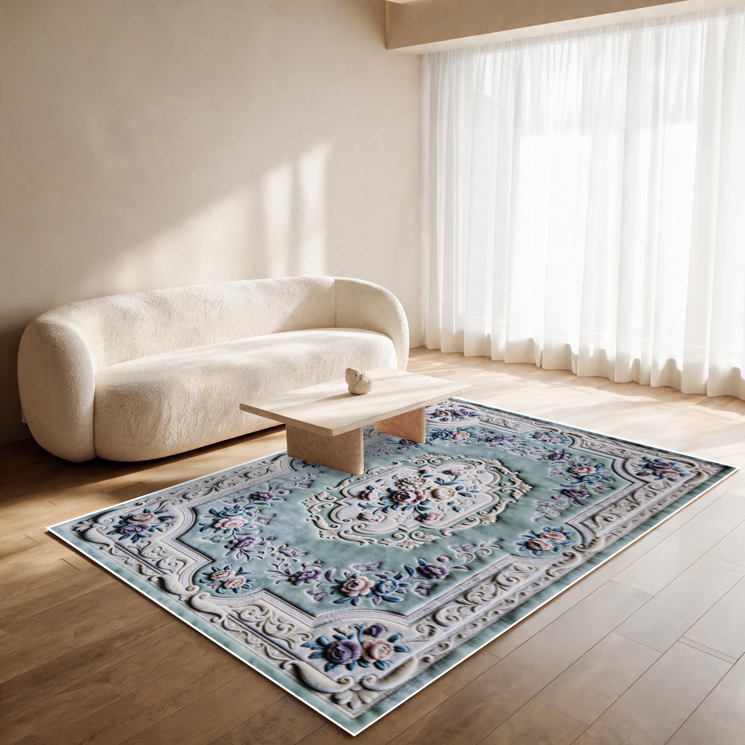 Load video: Rose Palace - (Mint) 7D Digital Carpet Printed